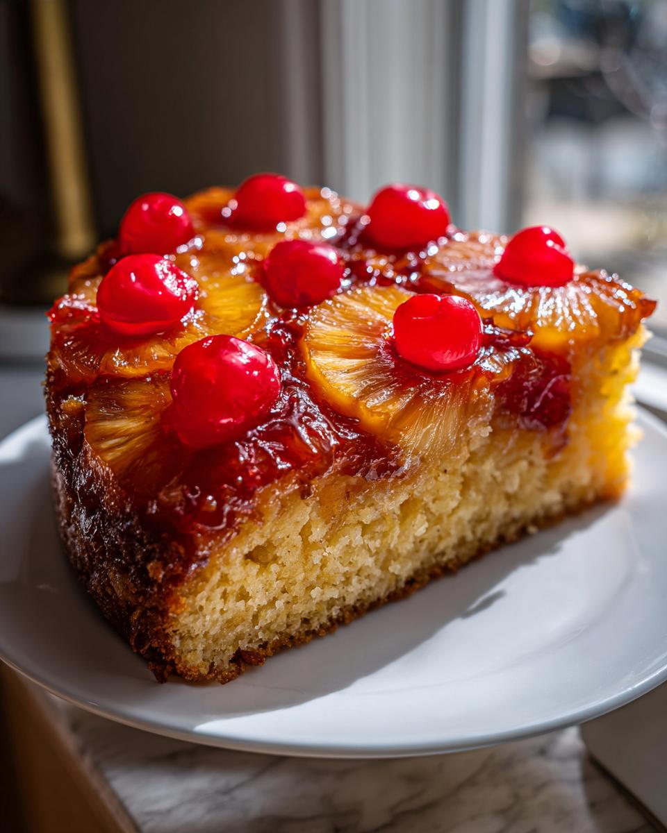 A moist slice of pineapple upside down cake topped with caramelized pineapple rings and bright red maraschino cherries.