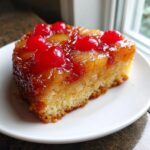 A moist slice of pineapple upside down cake topped with caramelized pineapple and bright red maraschino cherries.