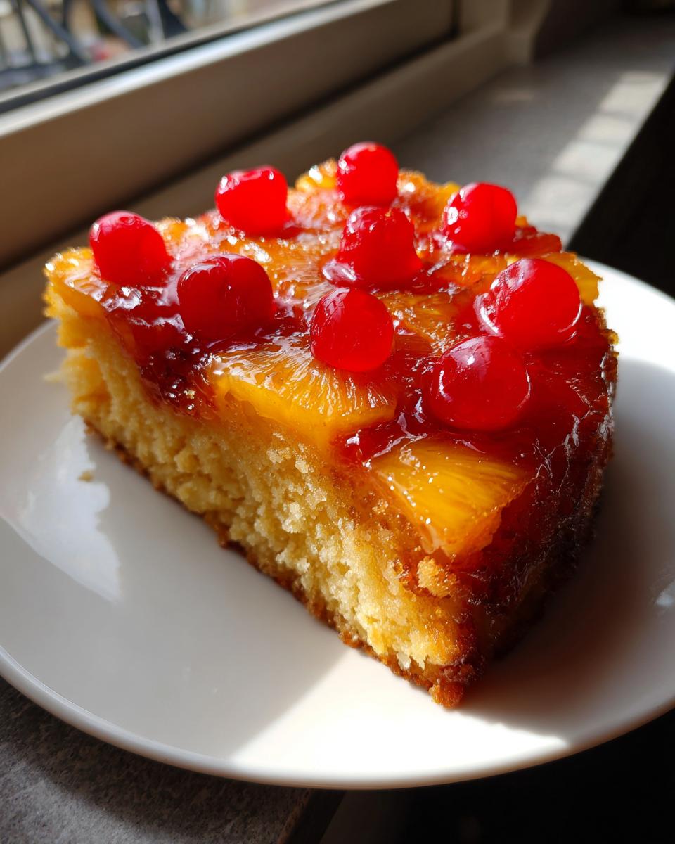 A moist slice of pineapple upside down cake topped with caramelized pineapple rings and bright red maraschino cherries.
