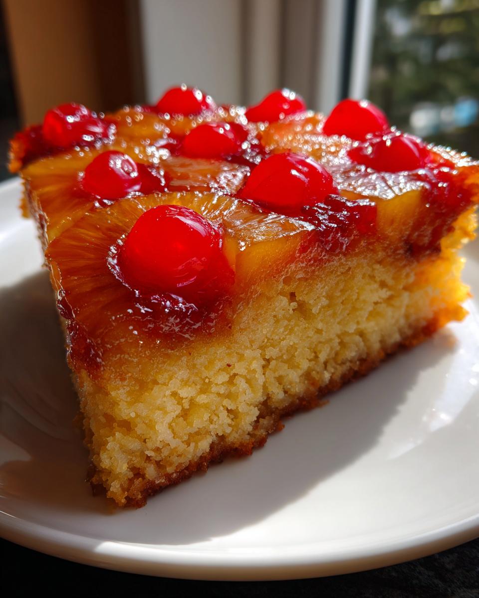 Close-up of a moist slice of pineapple upside down cake topped with caramelized pineapple rings and bright red maraschino cherries.