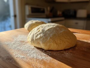 Two balls of risen pizza dough resting on a floured wooden cutting board in warm sunlight.