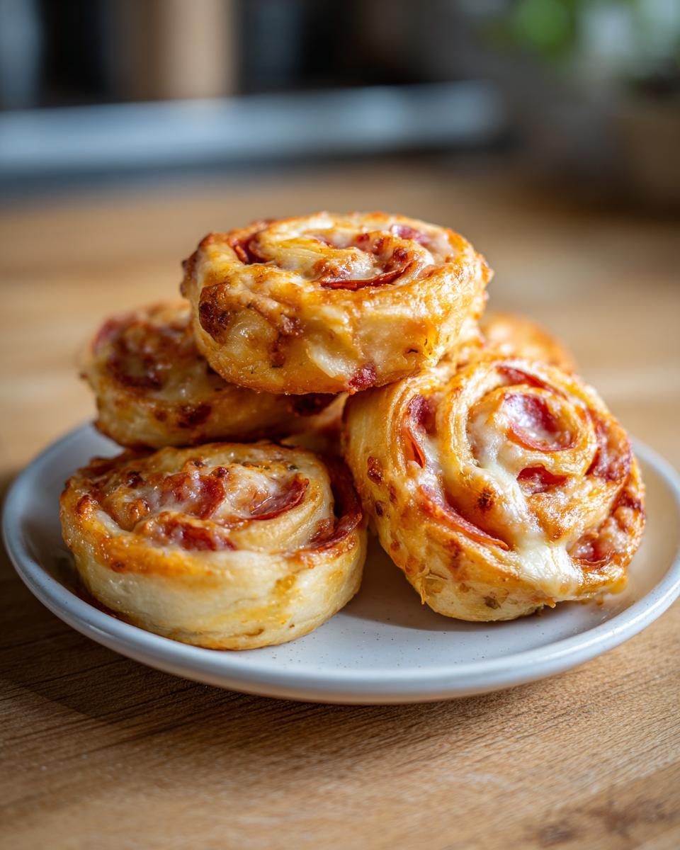A stack of five freshly baked, golden pizza pinwheels with melted cheese and pepperoni on a small white plate.