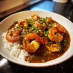 A close-up of a white bowl filled with shrimp etouffee served over fluffy white rice and garnished with chopped green onions.