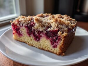 Close-up of a moist slice of plum cake featuring bright purple fruit baked into a yellow crumb cake base with a crunchy streusel topping.