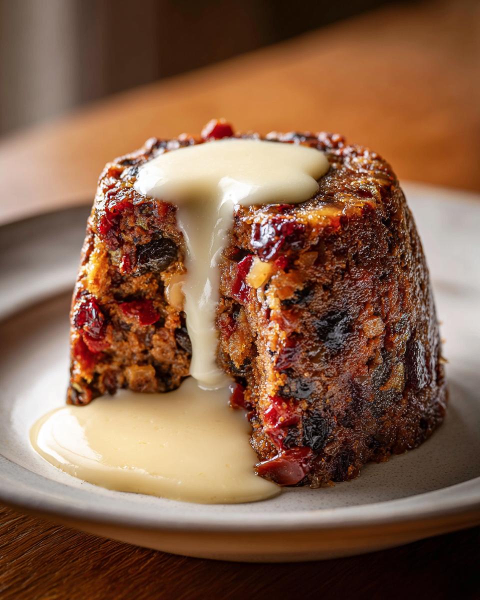 A close-up of a rich, dark plum pudding served with thick vanilla sauce cascading over the top.