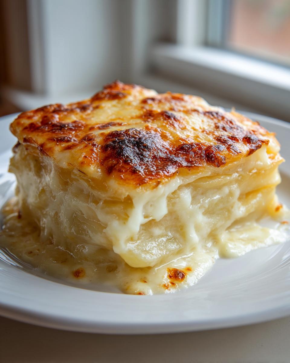 A decadent, tall slice of potatoes au gratin with a golden-brown, bubbly cheese crust and creamy sauce oozing out.