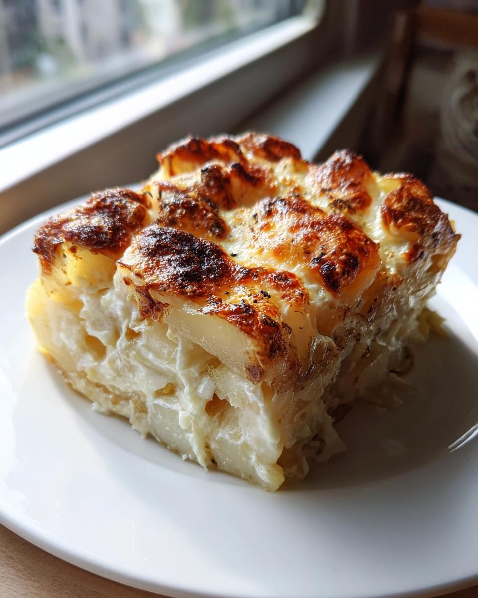 A rich, creamy slice of potatoes au gratin with a perfectly browned and cheesy top, served on a white plate.