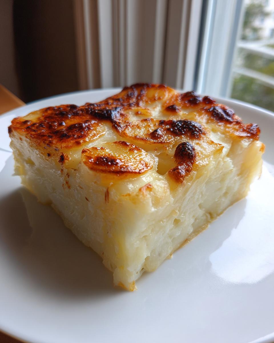 A thick, square slice of creamy potatoes au gratin with a deeply browned, cheesy top.