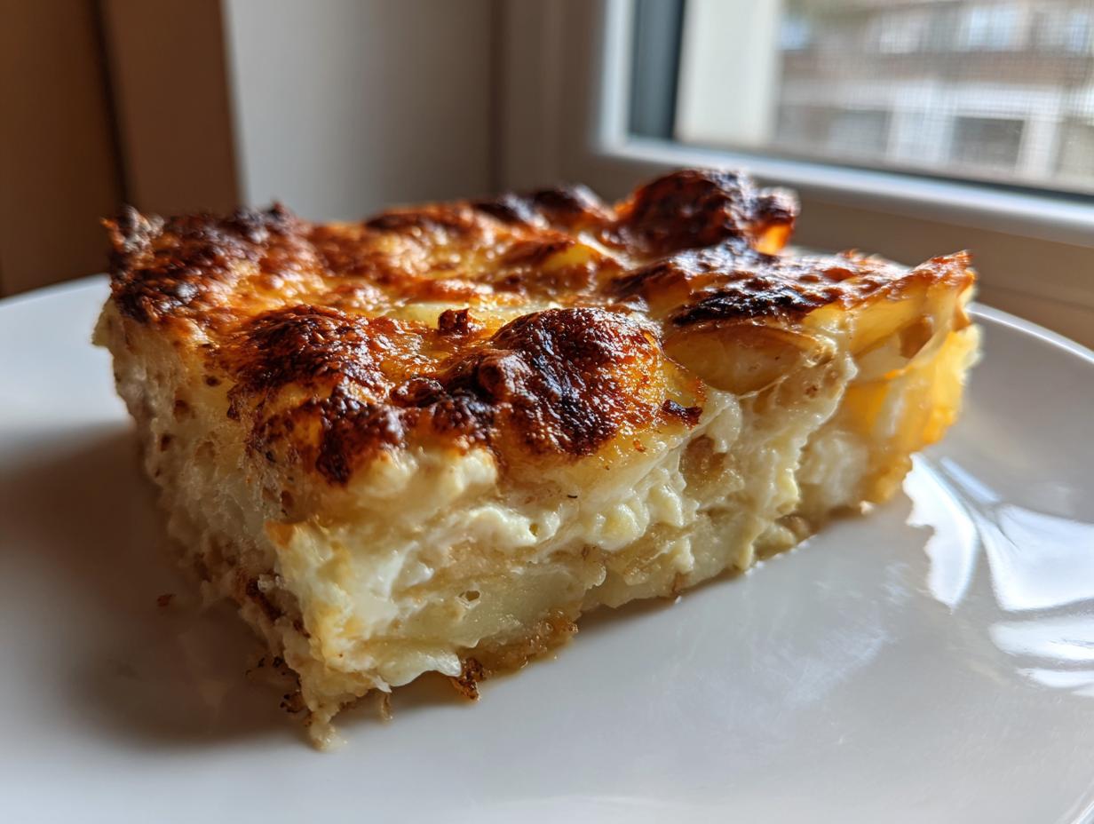A hearty slice of potatoes au gratin showing creamy layers and a deeply browned, cheesy crust.