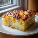A thick, square slice of creamy potatoes au gratin with a deeply browned, cheesy crust.