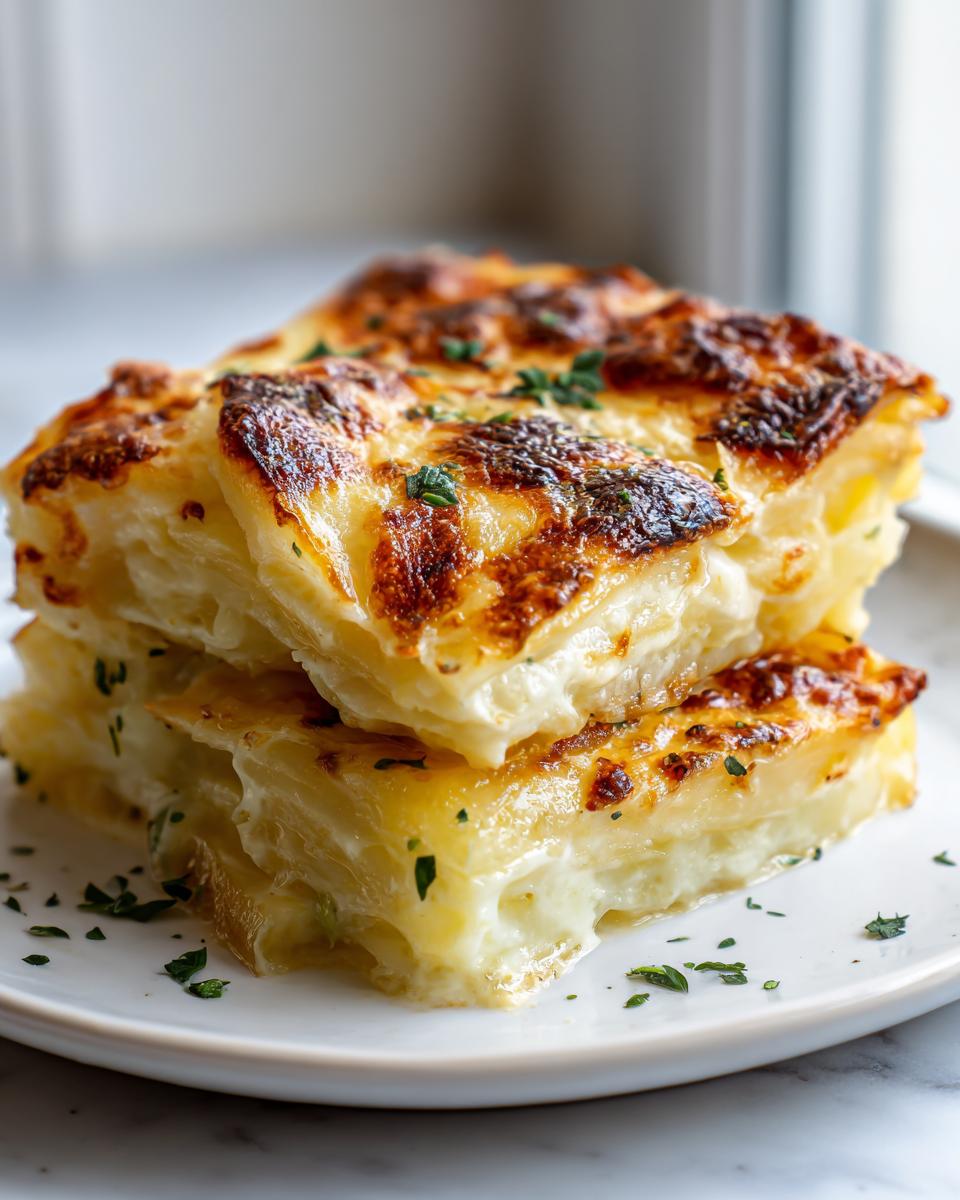 Two stacked slices of creamy, cheesy potatoes au gratin with a golden-brown, bubbly top.