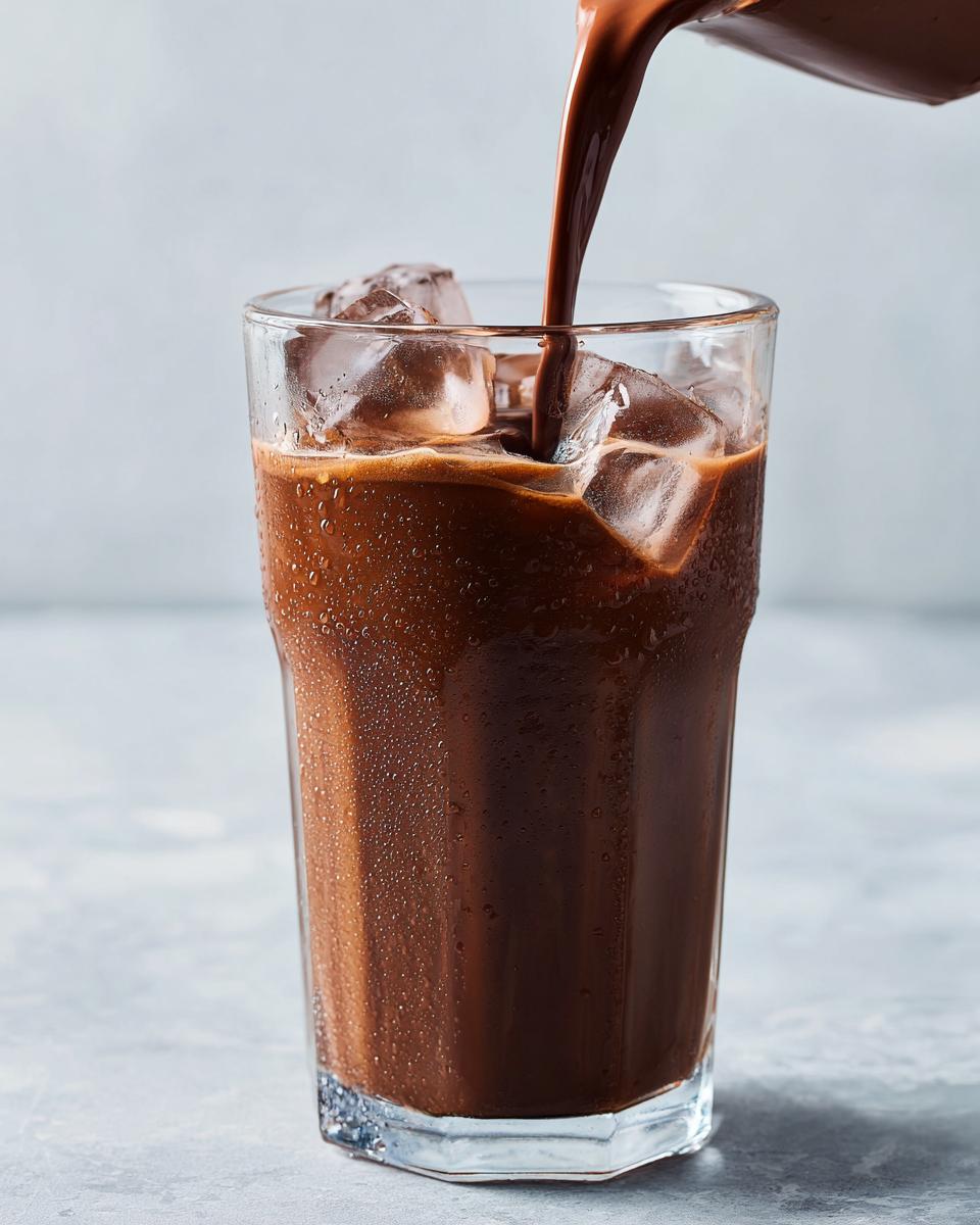 Close-up of rich chocolate milk being poured over ice cubes in a sweating glass to make iced chocolate milk.