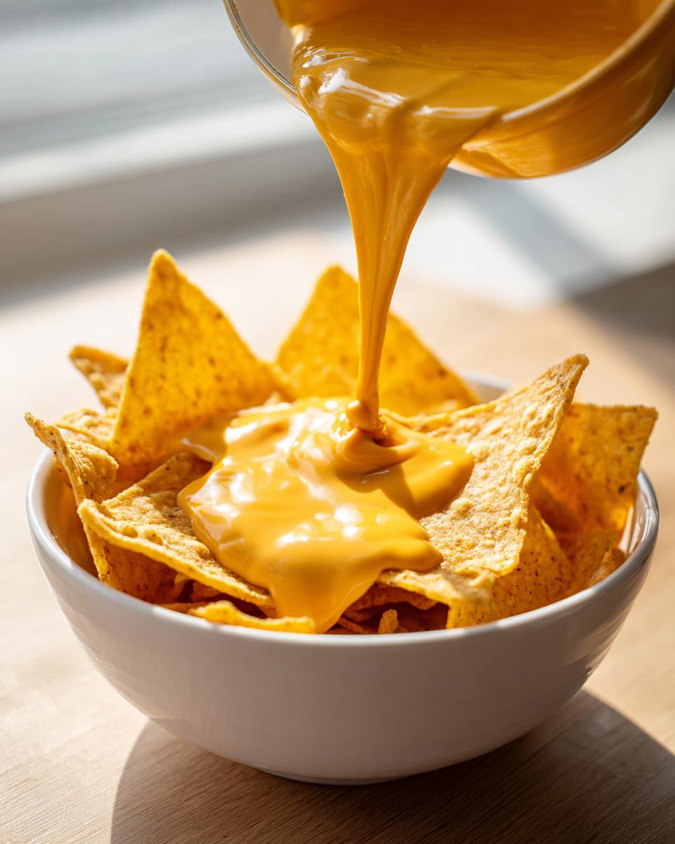 Close-up of thick, bright orange nacho cheese sauce being poured onto tortilla chips in a white bowl.