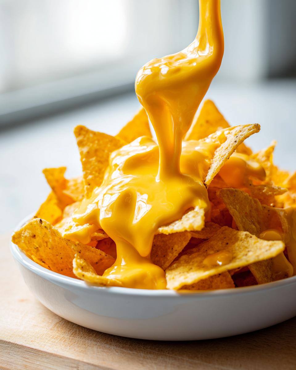 Close-up of thick, bright yellow nacho cheese being poured over a bowl of tortilla chips.