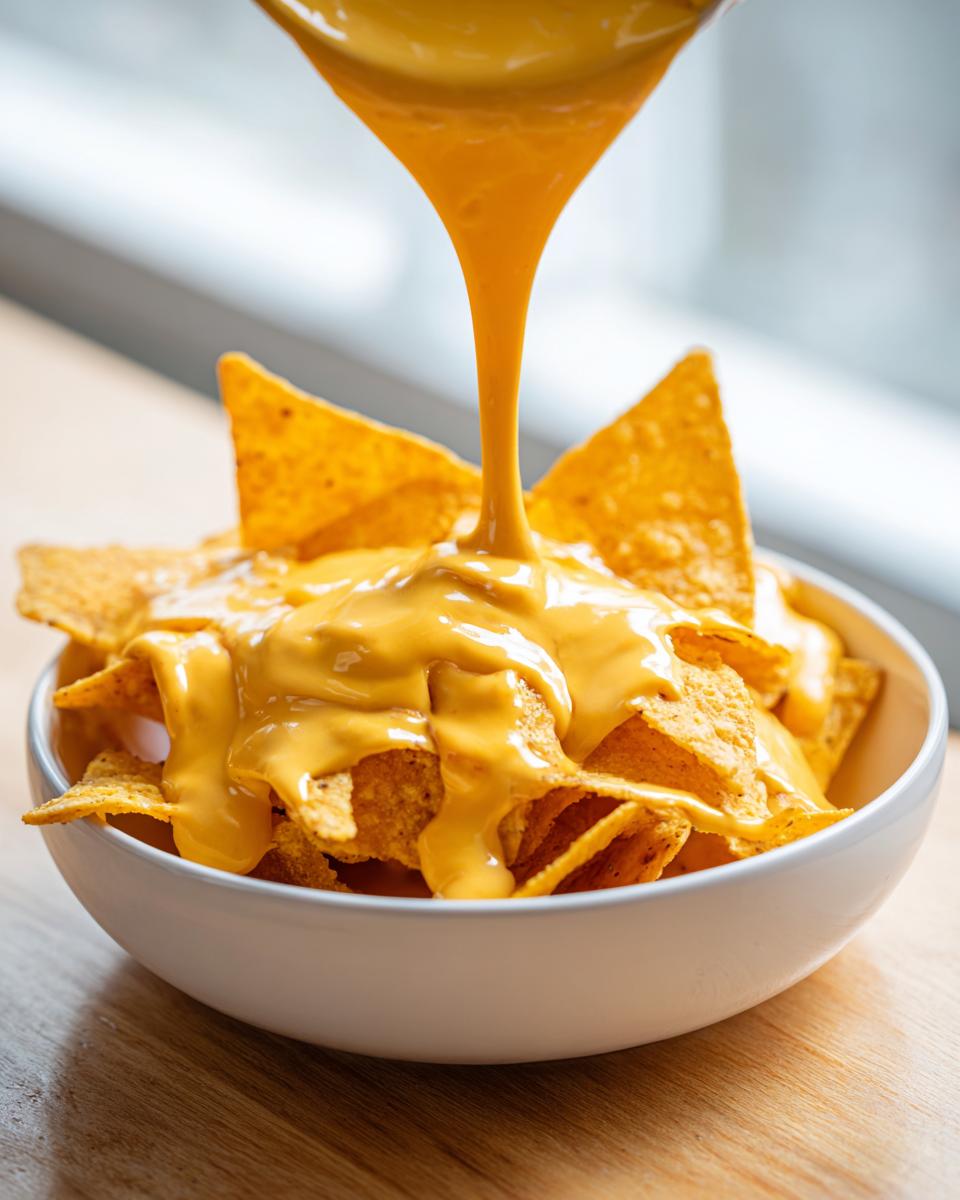 Close-up of thick, bright orange nacho cheese being poured dramatically over a bowl of tortilla chips.