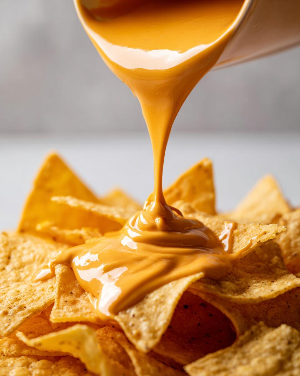 Close-up of creamy nacho cheese sauce being poured from a white pitcher onto a pile of tortilla chips.