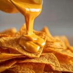 Close-up of thick, bright orange nacho cheese sauce being poured over a pile of crispy tortilla chips.