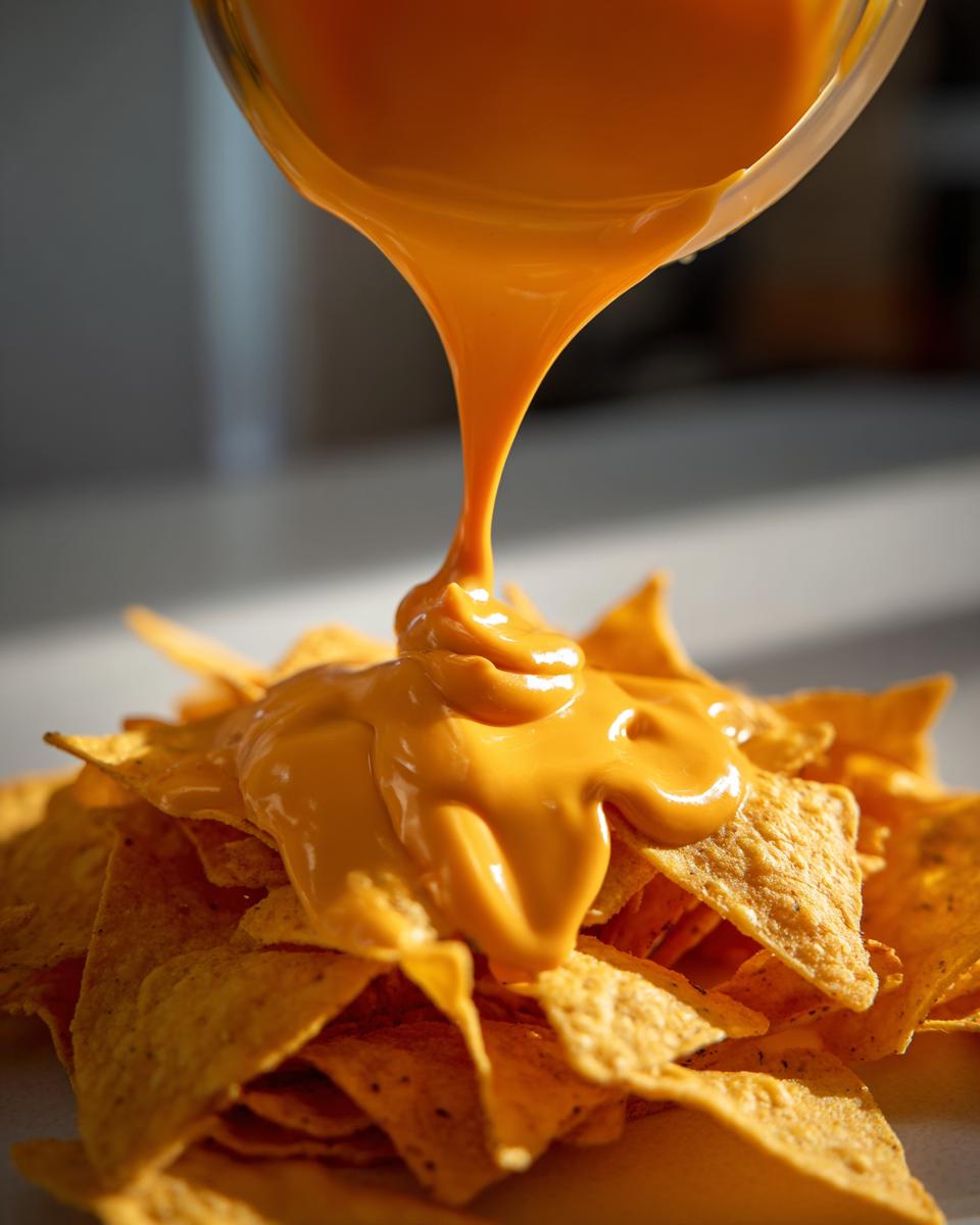 Close-up of bright orange nacho cheese sauce being poured from a container onto a pile of tortilla chips.