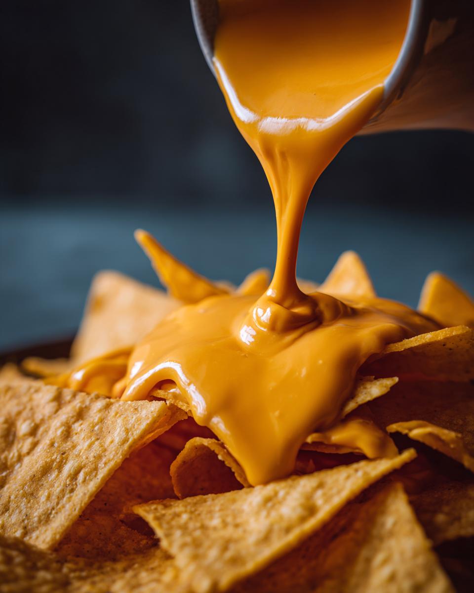 Close-up of rich, orange nacho cheese sauce being poured from a small pot onto a pile of tortilla chips.