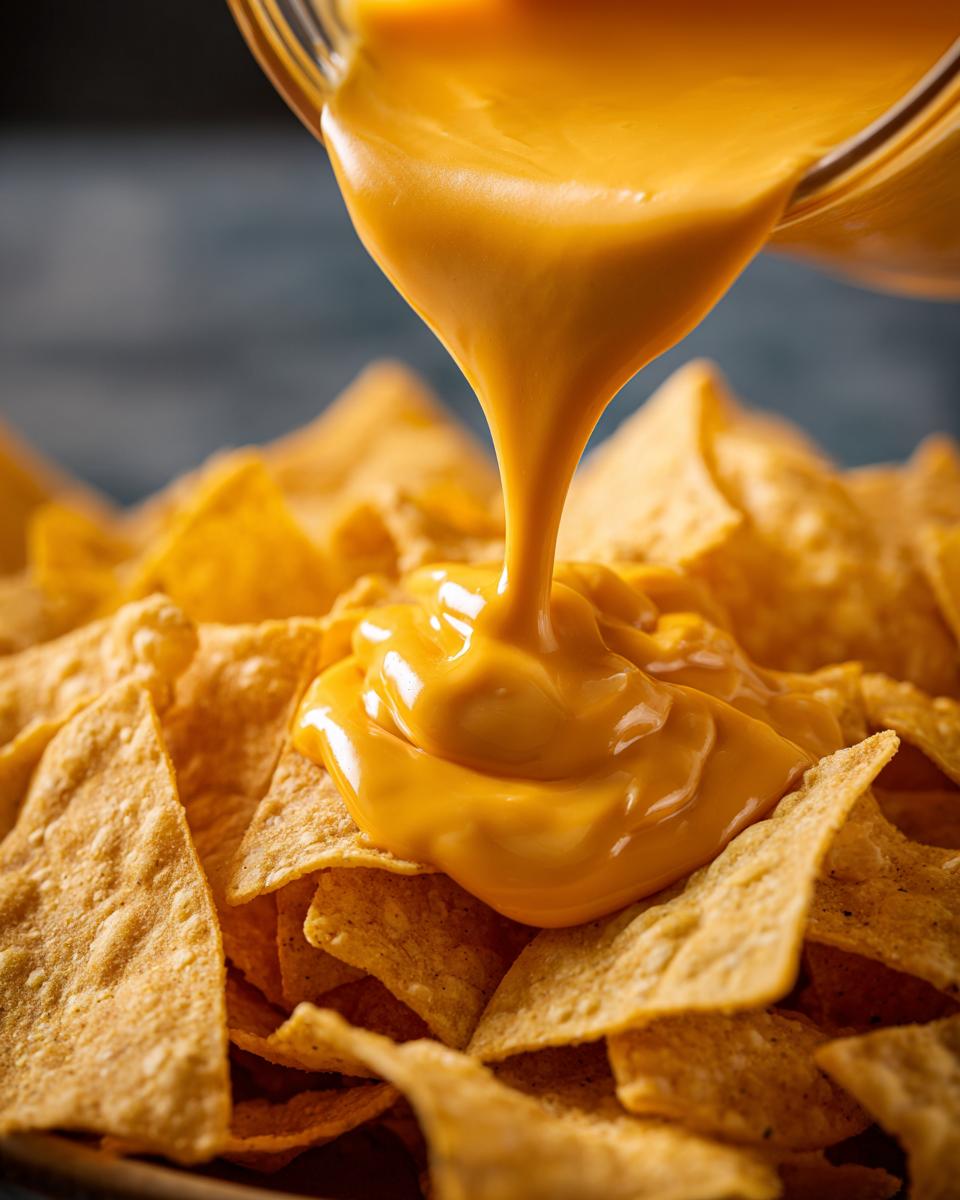 Close-up of thick, bright orange nacho cheese sauce being poured onto a pile of crispy tortilla chips.