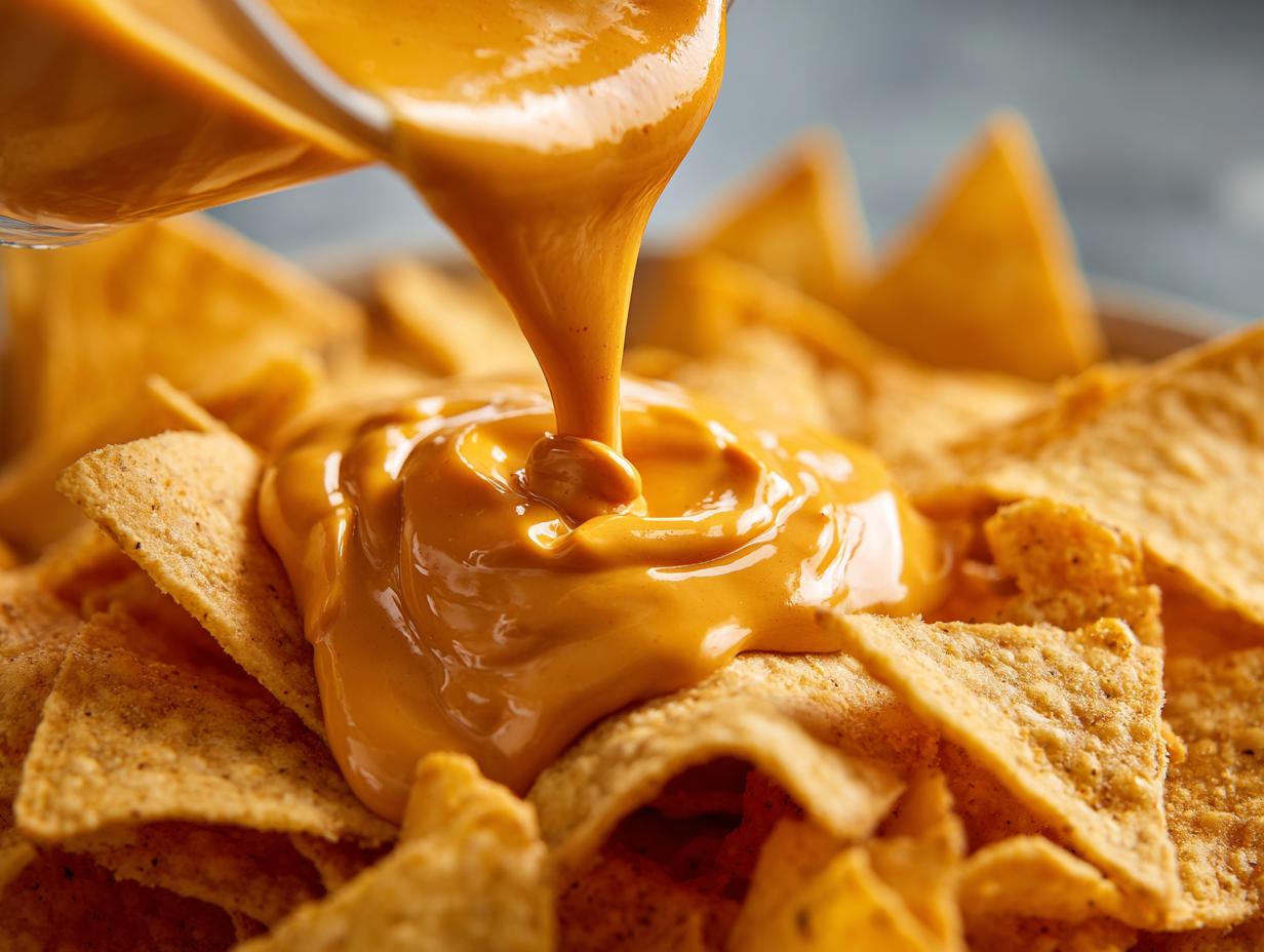 Close-up of rich, orange nacho cheese sauce being poured over a pile of tortilla chips.