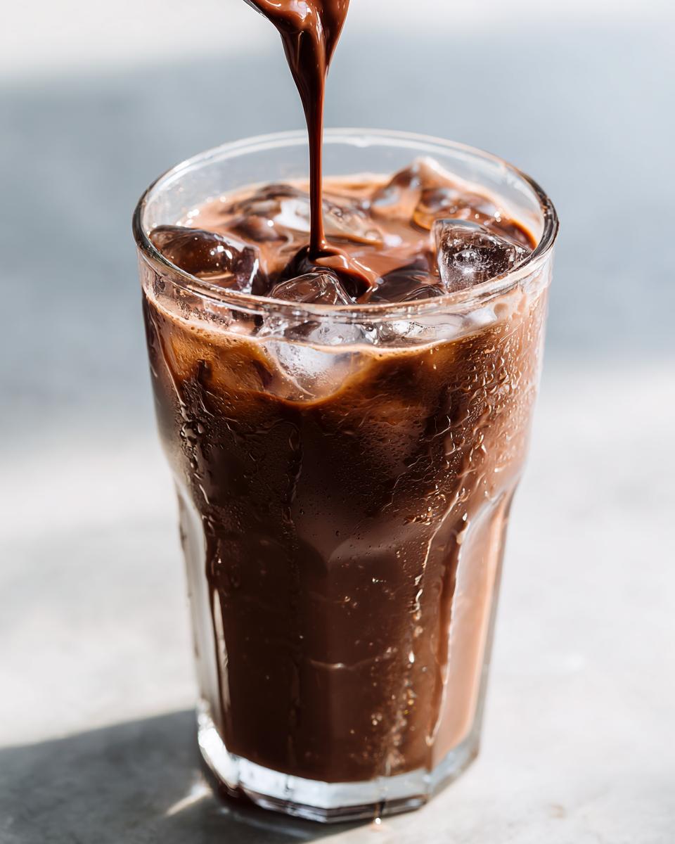 Close-up of thick chocolate syrup being poured into a glass filled with ice and milk to make chocolate milk.
