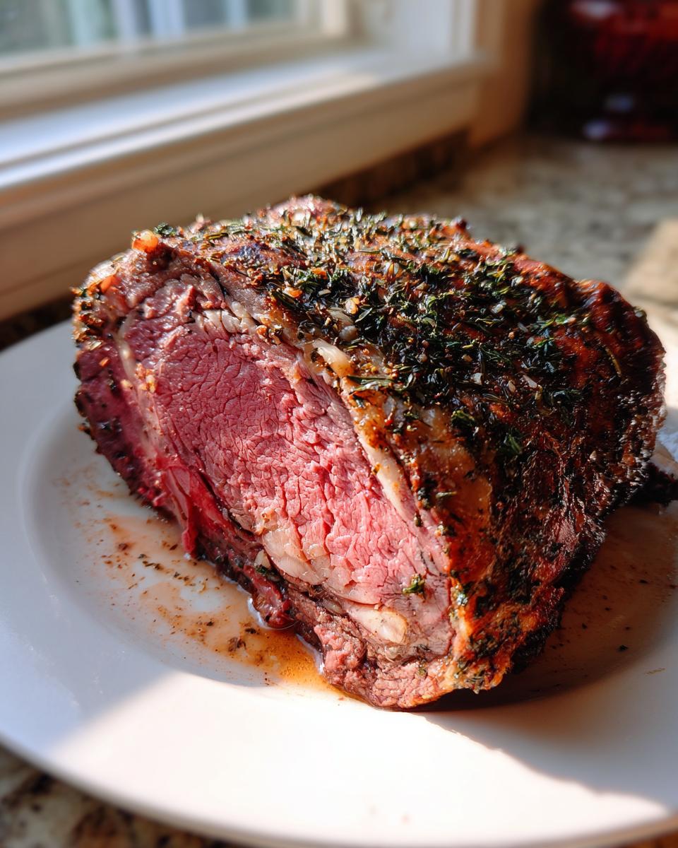 A thick slice of medium-rare prime rib recipe roast with a dark, herb-crusted exterior resting on a white plate.