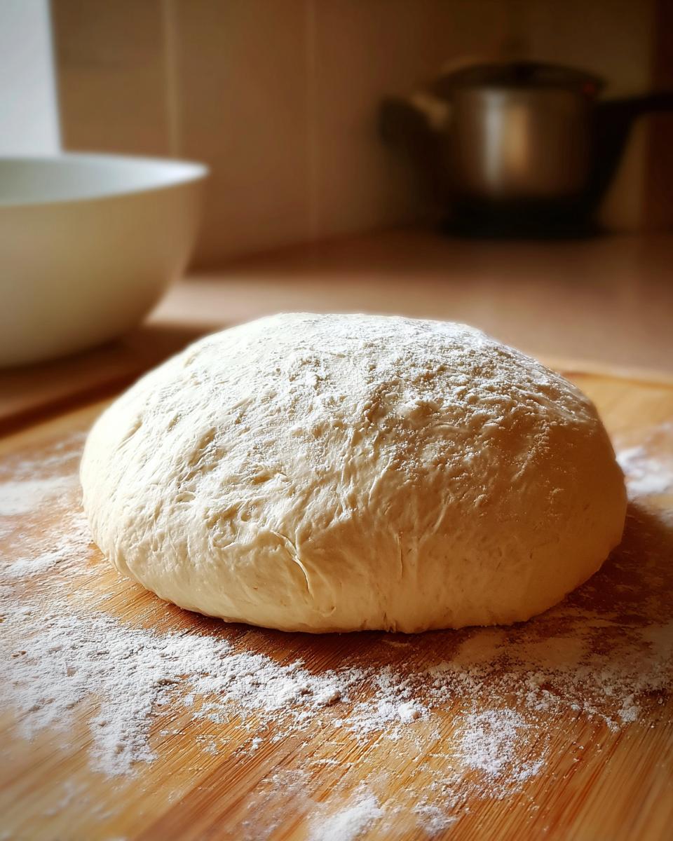 A smooth, rounded ball of risen pizza dough dusted with flour on a wooden cutting board.