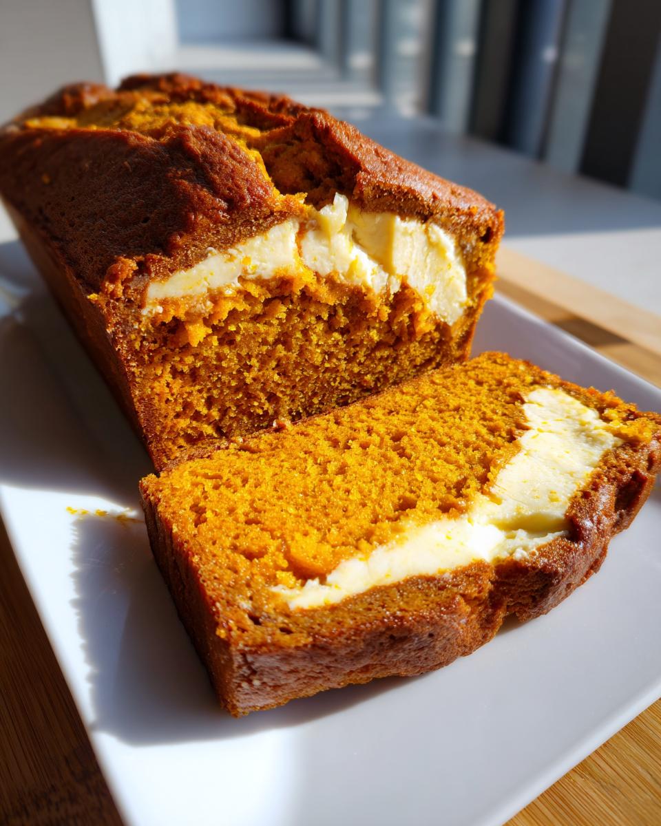 A loaf of bright orange pumpkin cream cheese bread, partially sliced, showing the rich cream cheese swirl.