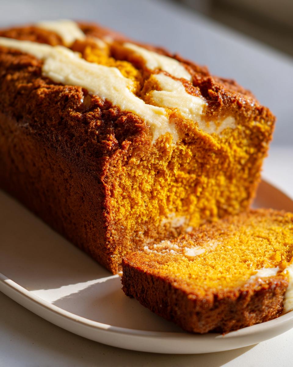 A golden-orange pumpkin cream cheese bread loaf with a swirl of cream cheese topping, partially sliced on a white plate.