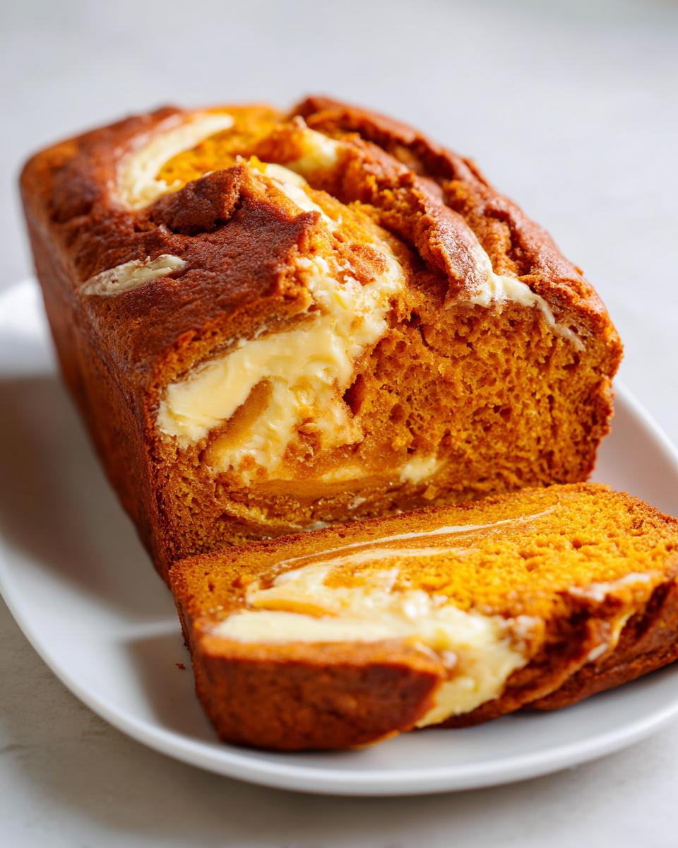 A freshly baked pumpkin cream cheese bread loaf, partially sliced, showing the rich orange crumb and creamy cheese swirl.