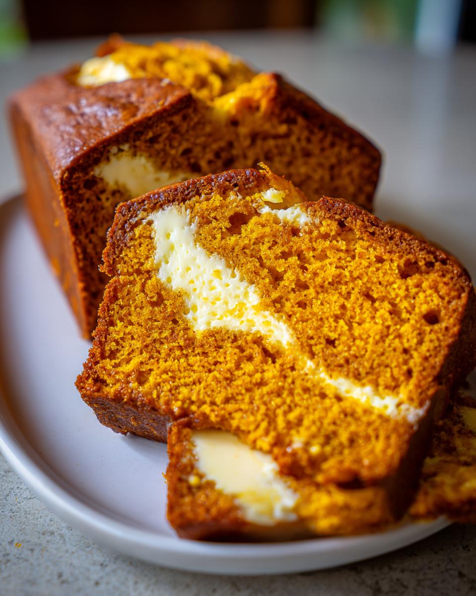 Close-up of sliced pumpkin cream cheese bread showing the bright orange crumb and rich cream cheese swirl.
