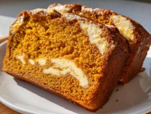 Close-up of two thick slices of vibrant orange pumpkin cream cheese bread showing a rich swirl of cream cheese filling.