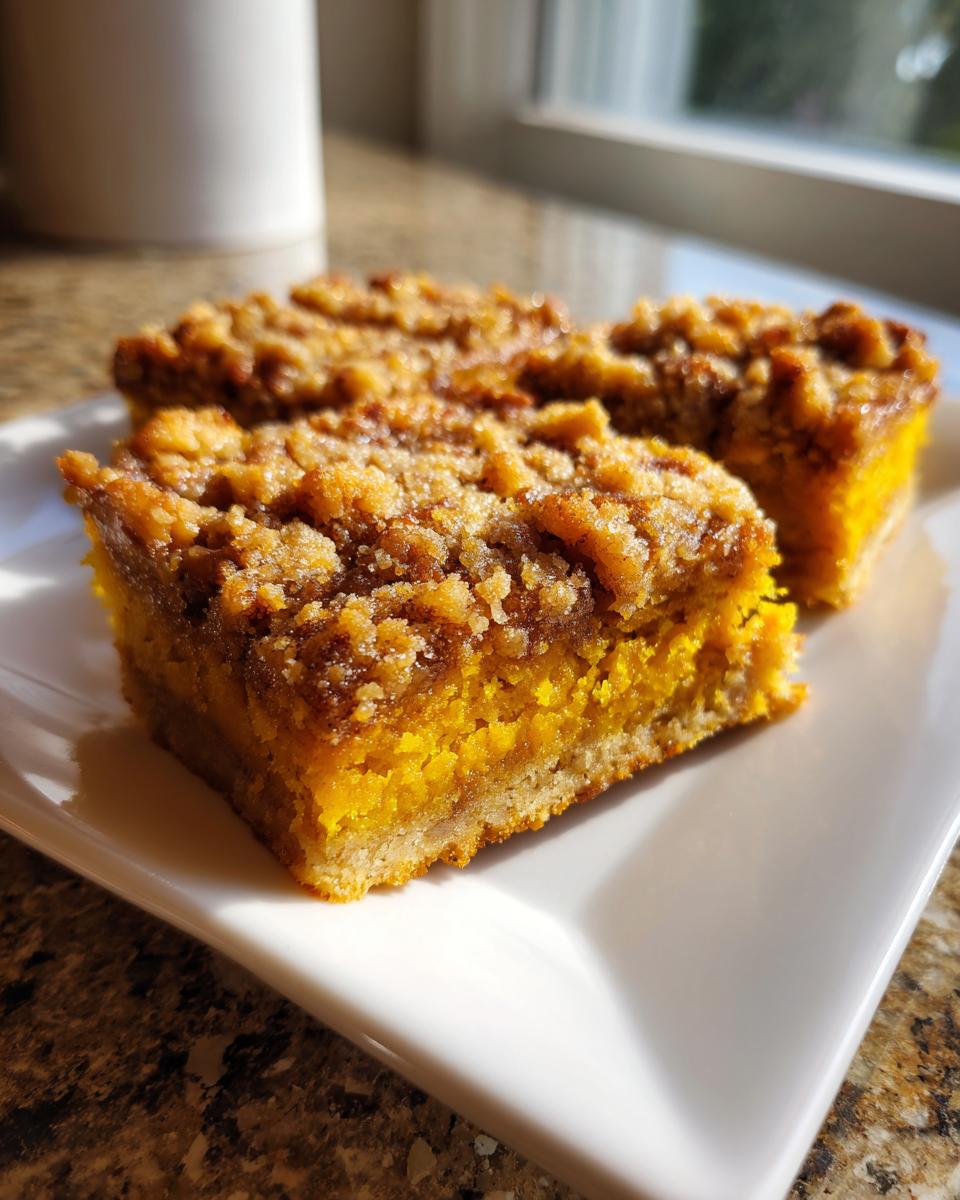 Three squares of bright orange pumpkin crunch cake with a brown, crumbly topping served on a white plate.