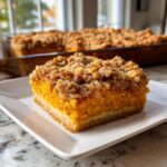 A square slice of rich orange pumpkin crunch cake with a thick, sugary pecan crumble topping on a white plate.