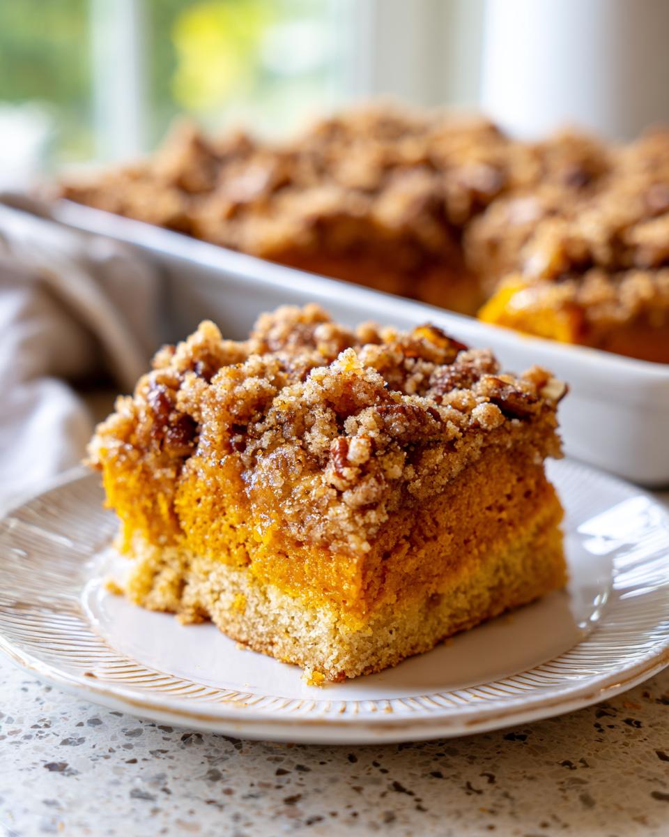 A close-up slice of pumpkin crunch cake showing the cake base, bright orange pumpkin layer, and crunchy pecan streusel topping.