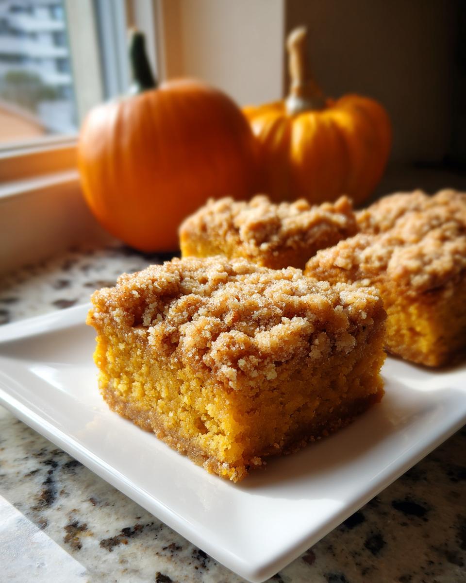 Close-up of a square slice of moist pumpkin crunch cake with a thick, golden crumb topping on a white plate.