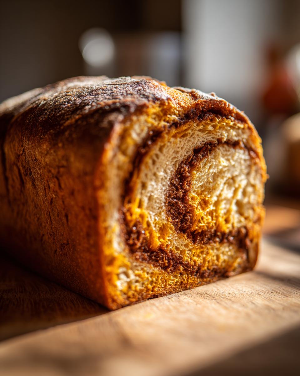 Close-up of a freshly baked pumpkin sourdough loaf showing a beautiful cinnamon swirl inside.