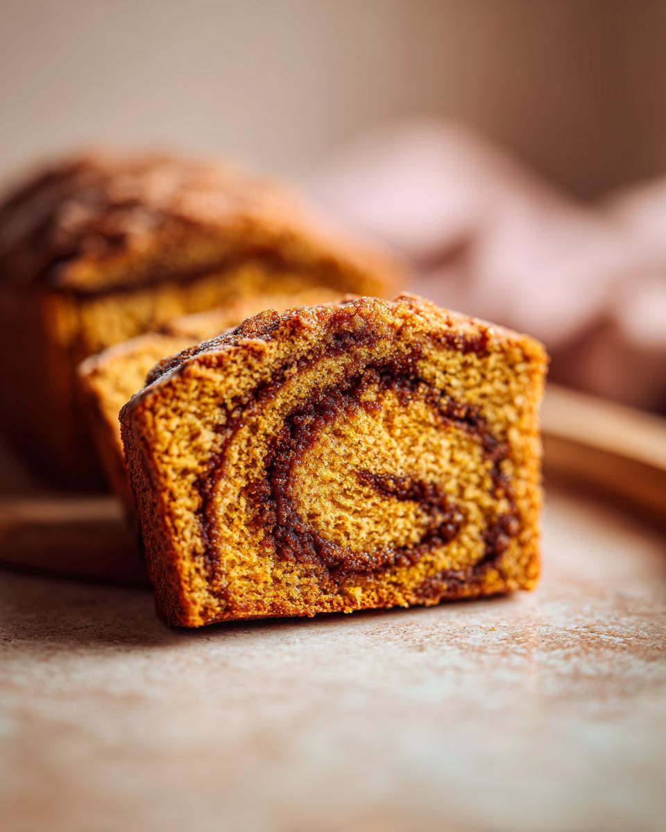 Close-up of a slice of moist pumpkin sourdough bread showing a dark cinnamon swirl pattern inside.