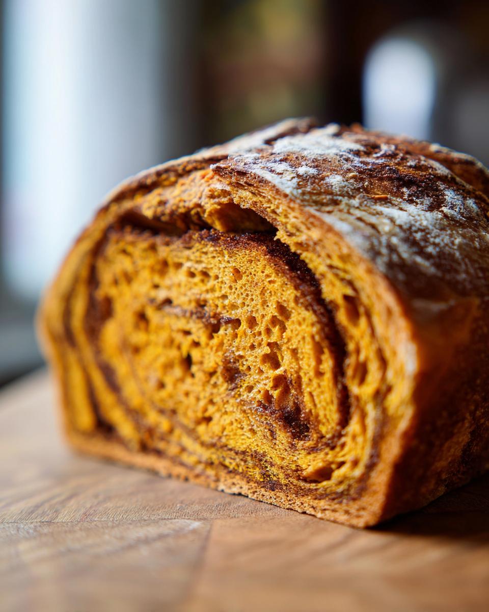 Cross-section of a vibrant orange pumpkin sourdough loaf showing a dark cinnamon swirl pattern inside.