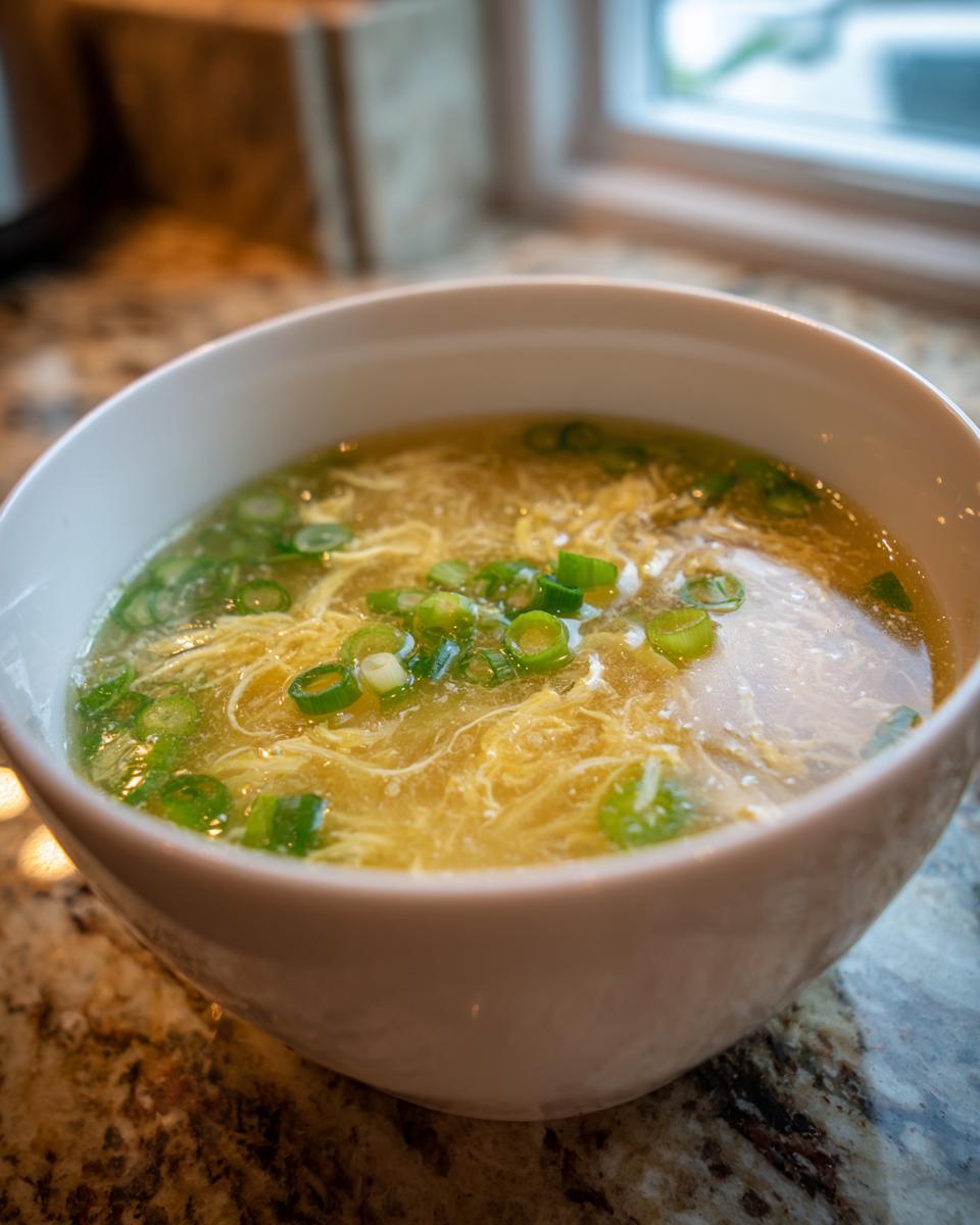 A white bowl filled with hot egg drop soup, featuring delicate egg ribbons and fresh green onions.