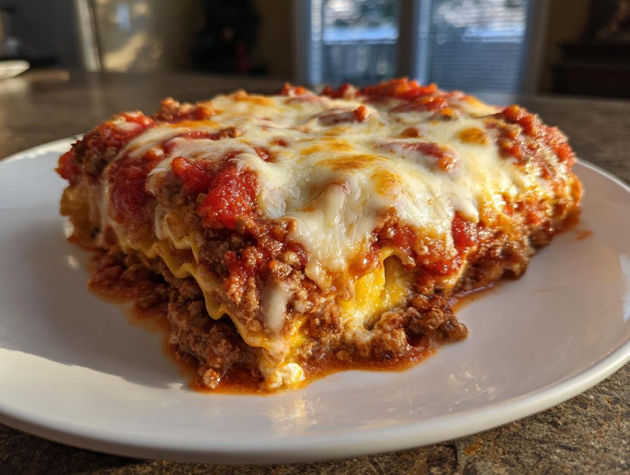 A close-up, tempting slice of ravioli lasagna layered with meat sauce and topped with melted, bubbly mozzarella cheese.