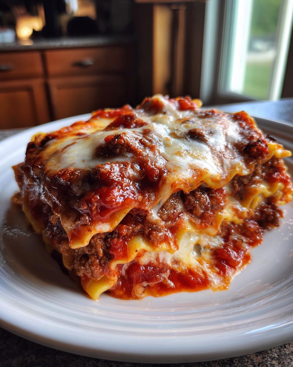 A close-up of a hearty serving of ravioli lasagna topped with rich meat sauce and melted mozzarella cheese.