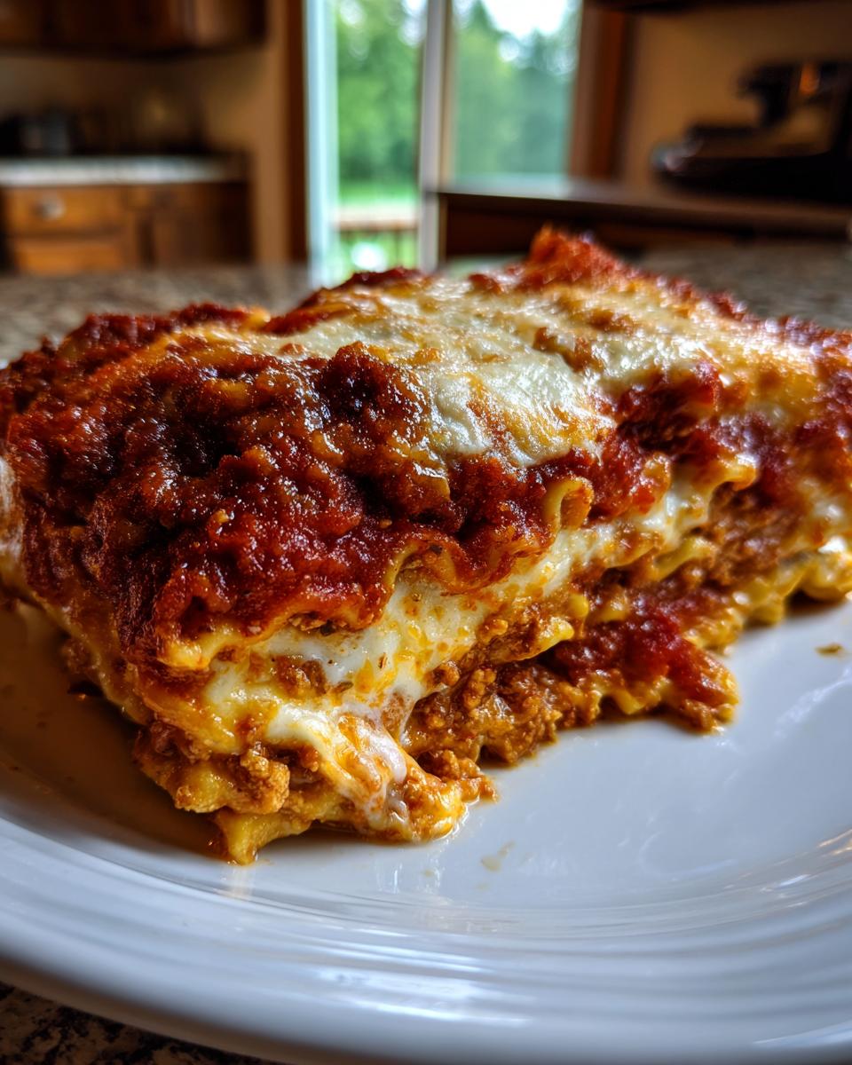 Close-up of a rich, cheesy slice of ravioli lasagna topped with thick marinara sauce.