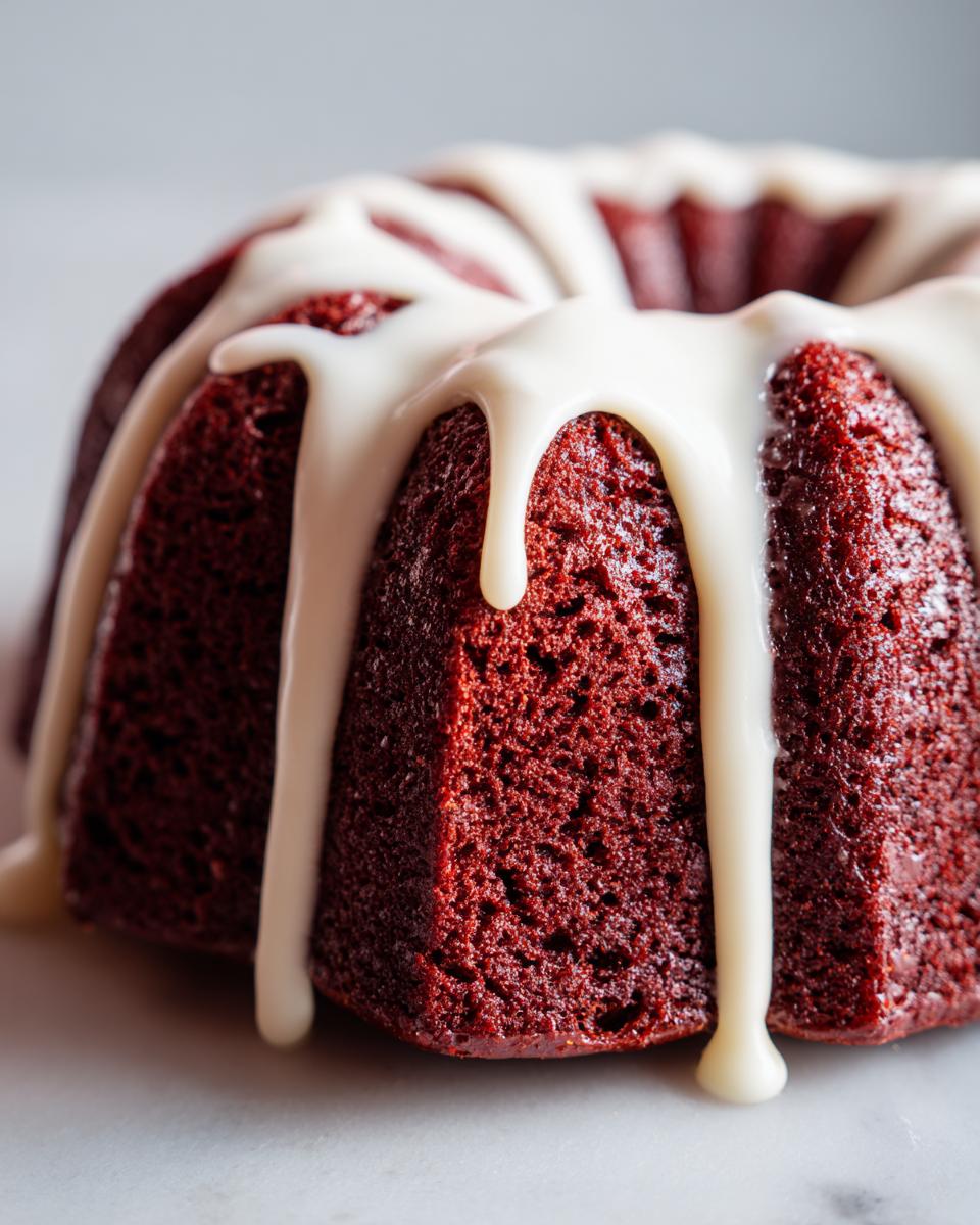 Close-up of a rich, deep red velvet bundt cake drizzled heavily with white cream cheese glaze.