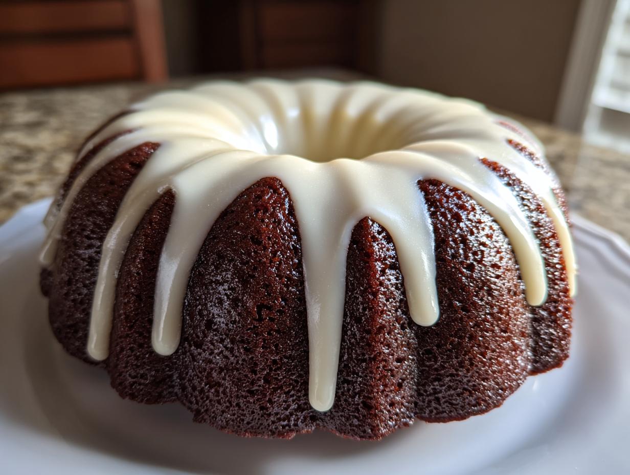 A close-up of a rich, dark red velvet bundt cake topped with thick, dripping white cream cheese glaze.