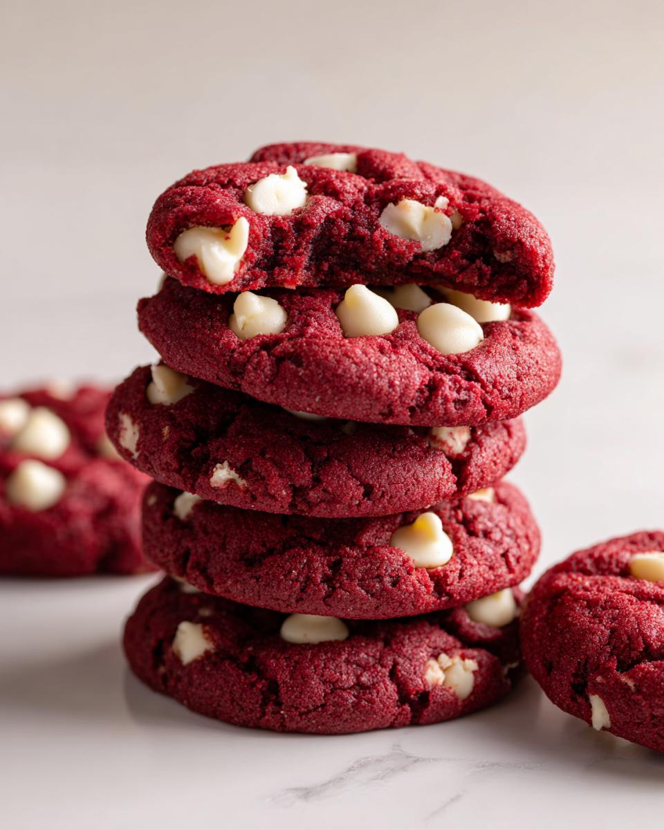 A stack of four vibrant red velvet cake mix cookies studded with white chocolate chips, one cookie on top is broken open.