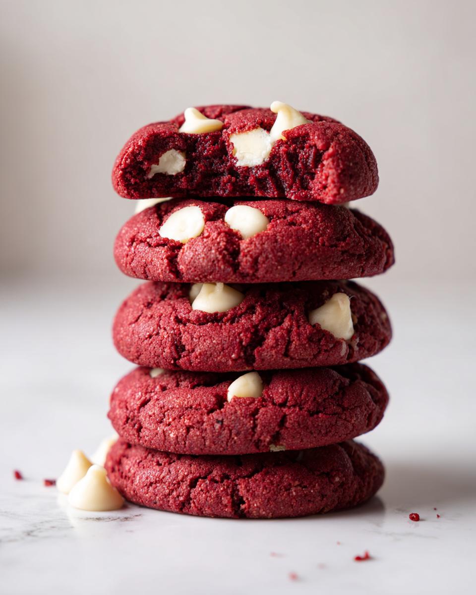 A stack of four vibrant red velvet cake mix cookies studded with white chocolate chips, one cookie on top is broken open.