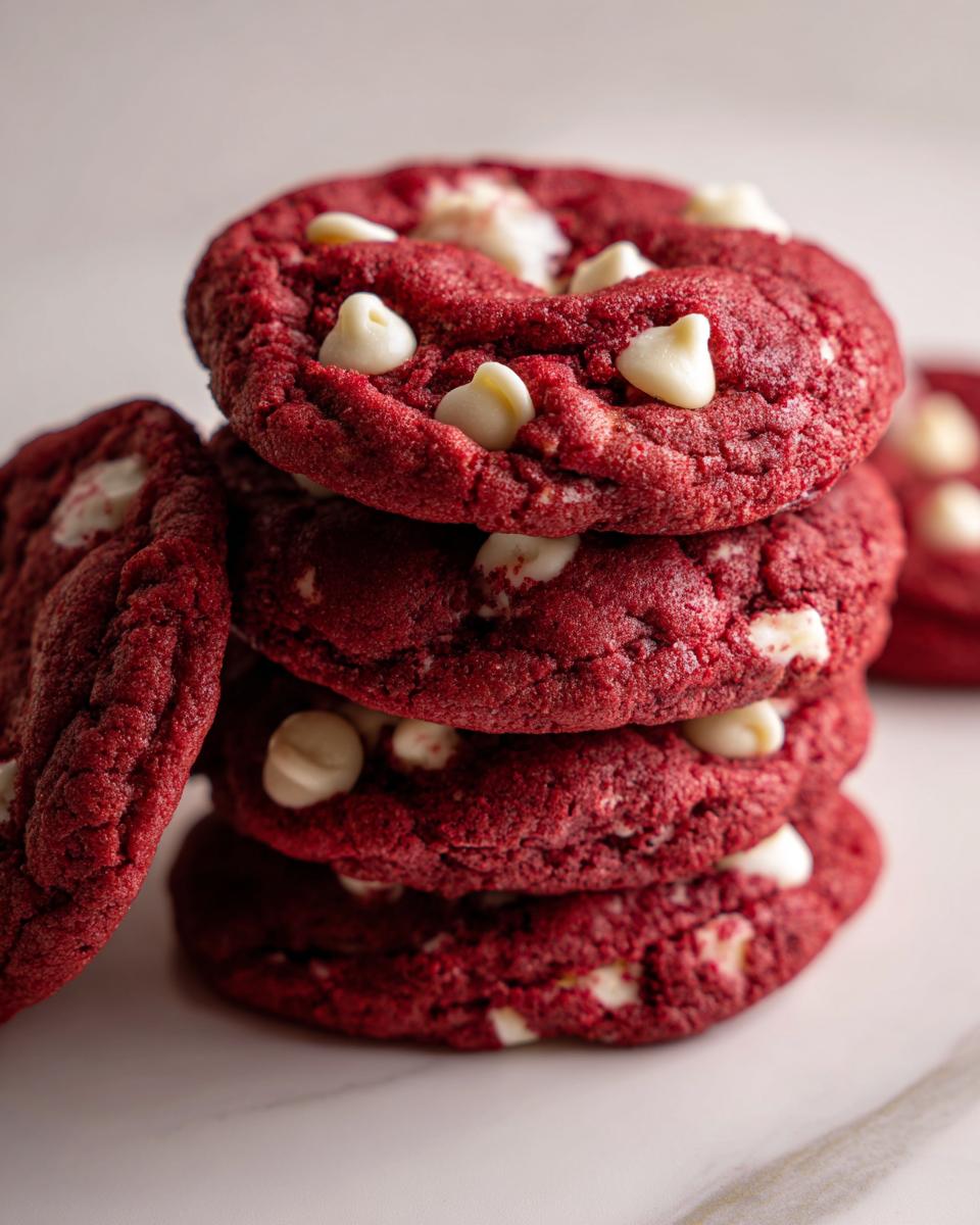 A close-up stack of four vibrant red velvet cake mix cookies studded with white chocolate chips.