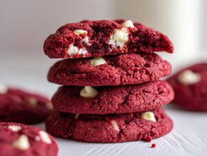 A stack of four rich, red velvet cake mix cookies studded with white chocolate chips, one cookie broken open to show the soft interior.